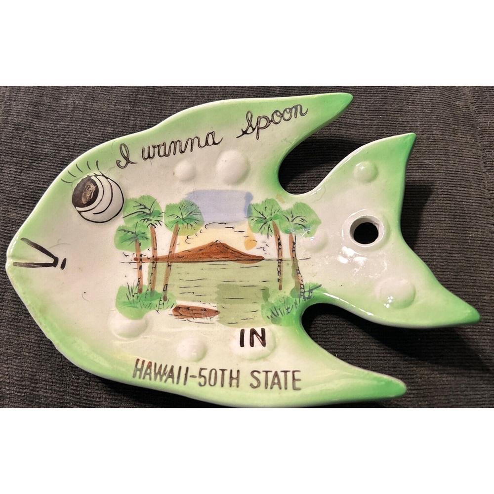 Vintage Kitsch Ceramic Fish Spoon Holder ( I Wanna Spoon In Hawaii-50th State)